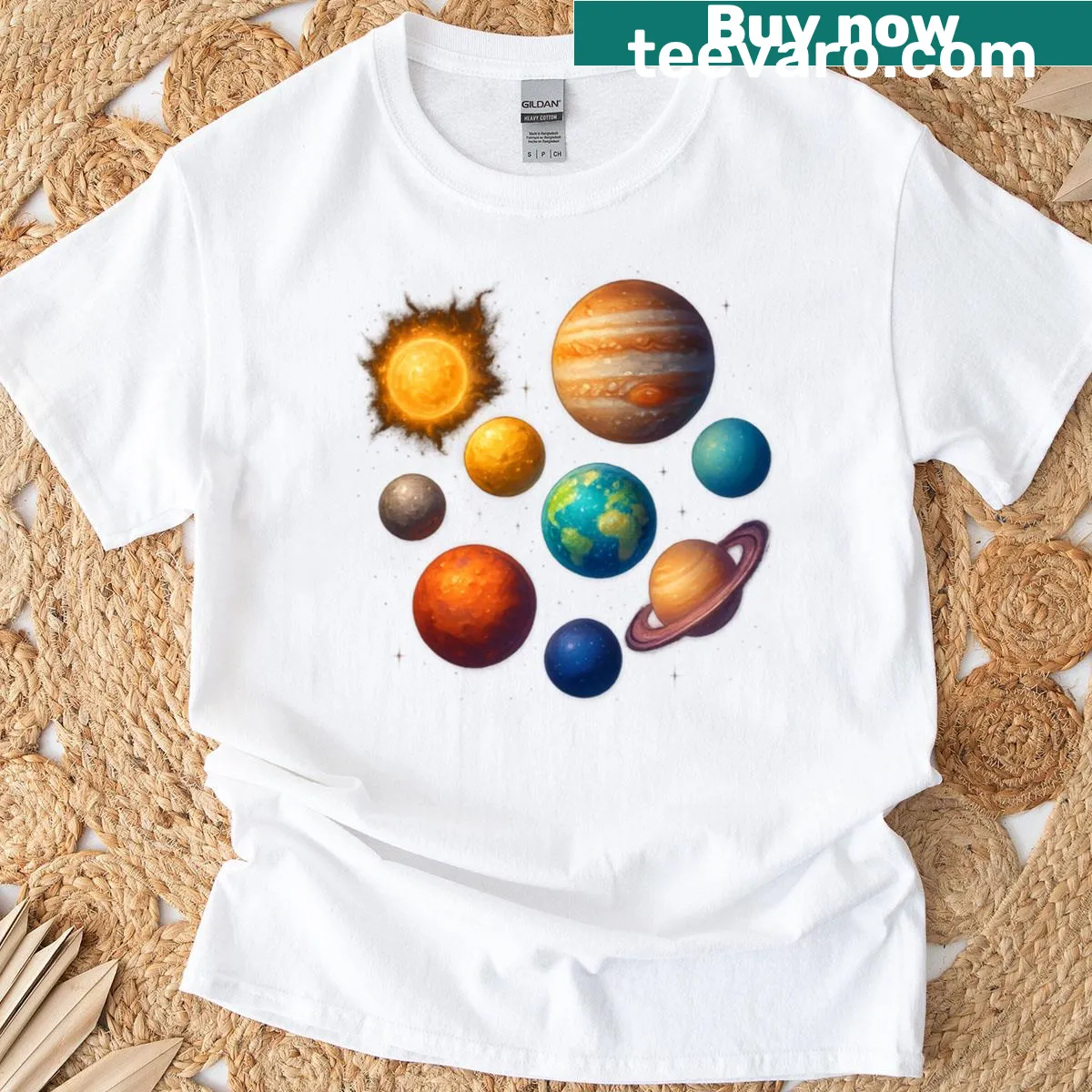Cartoon solar system shirt with playful planets in whimsical design — on a men's t-shirt