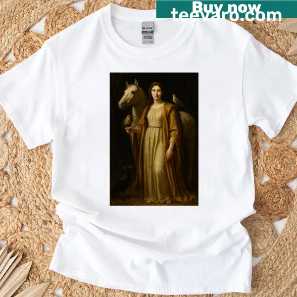 Illustration of Goddess Rhiannon in a captivating style on the T-shirt