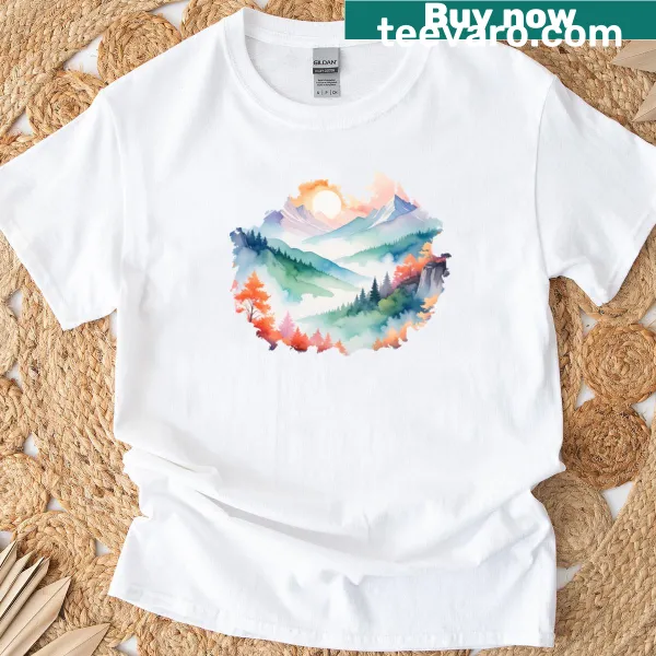 Nature-themed t-shirt featuring winding trails and greenery