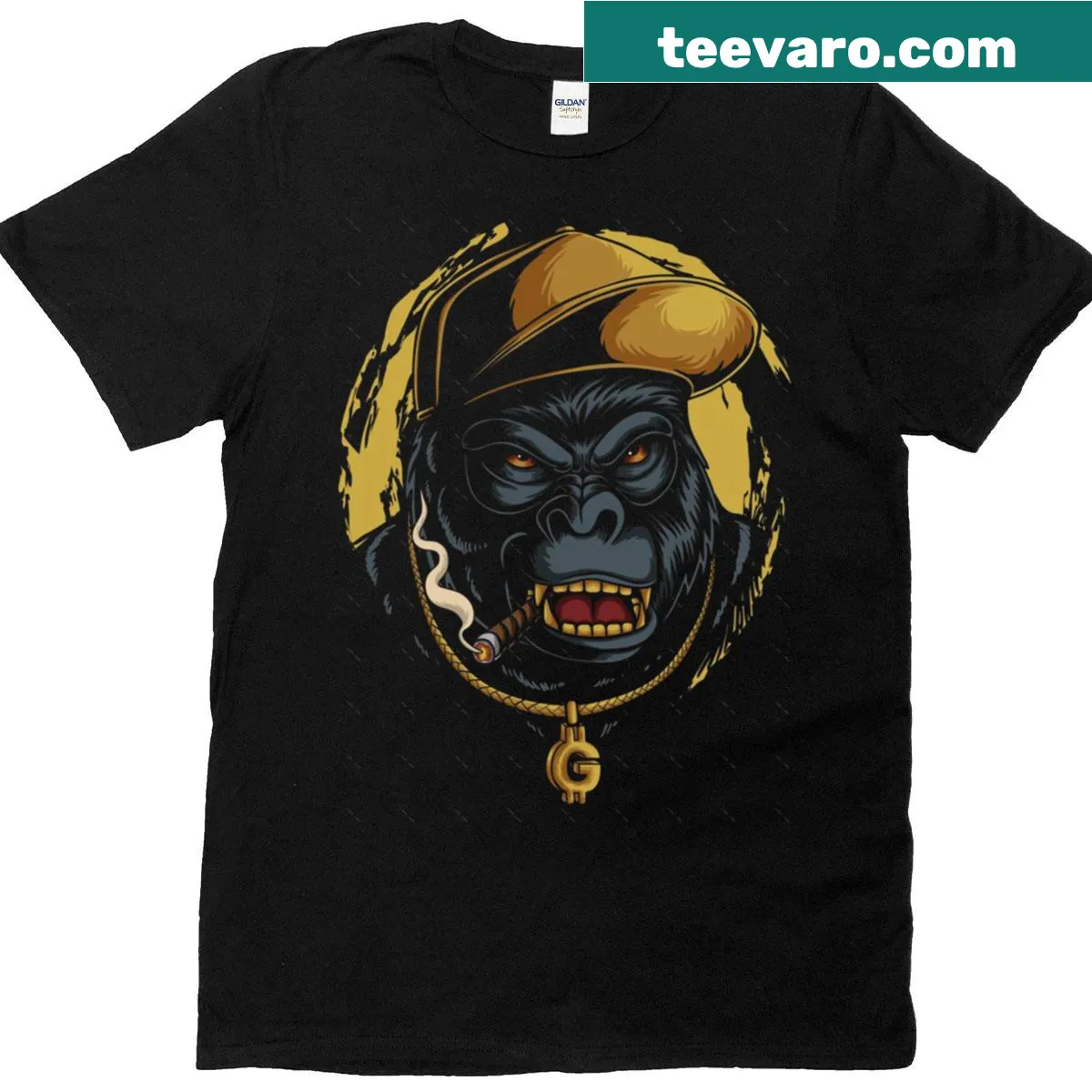 Oversized T-shirt featuring a humorous gangster gorilla graphic — on a men's t-shirt