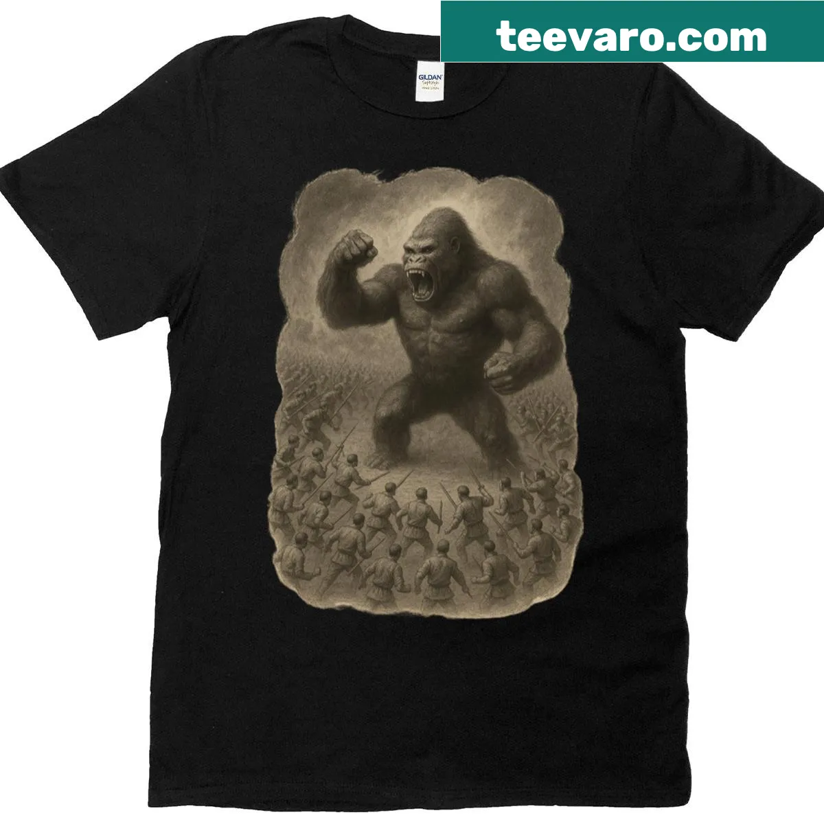 Illustrative battle scene of gorilla vs warriors on T-shirt — on a men's t-shirt