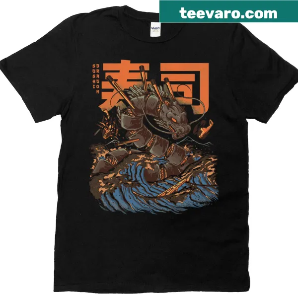 Oversized t-shirt featuring a playful dragon holding sushi
