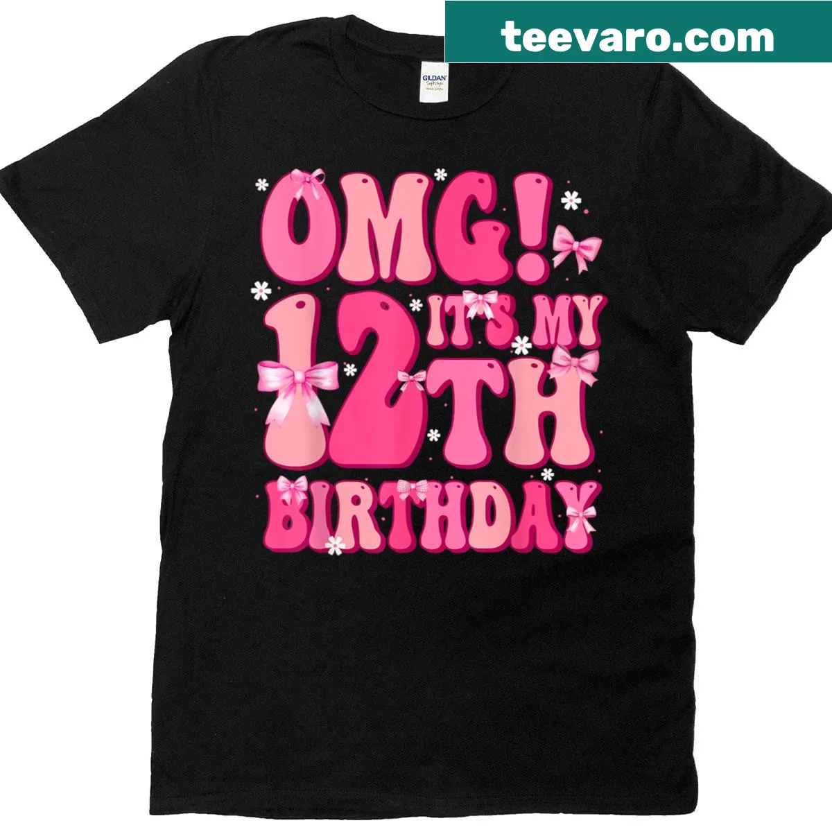 Cute birthday t-shirt with 'Omg It's My 12th Birthday' text and bow — on a men's t-shirt