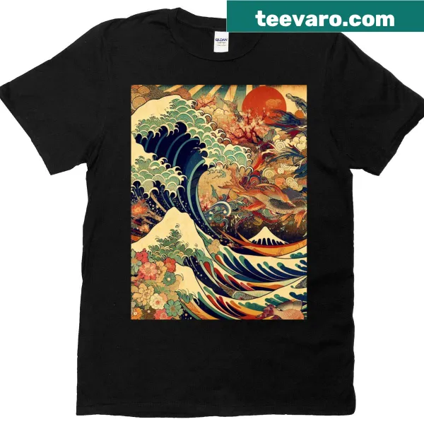 Graphic t-shirt featuring waves and marine creatures in harmony