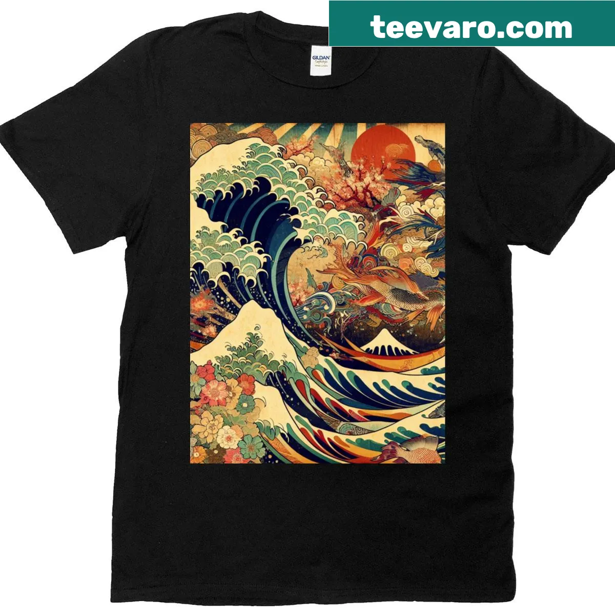 Graphic t-shirt featuring waves and marine creatures in harmony — on a men's t-shirt