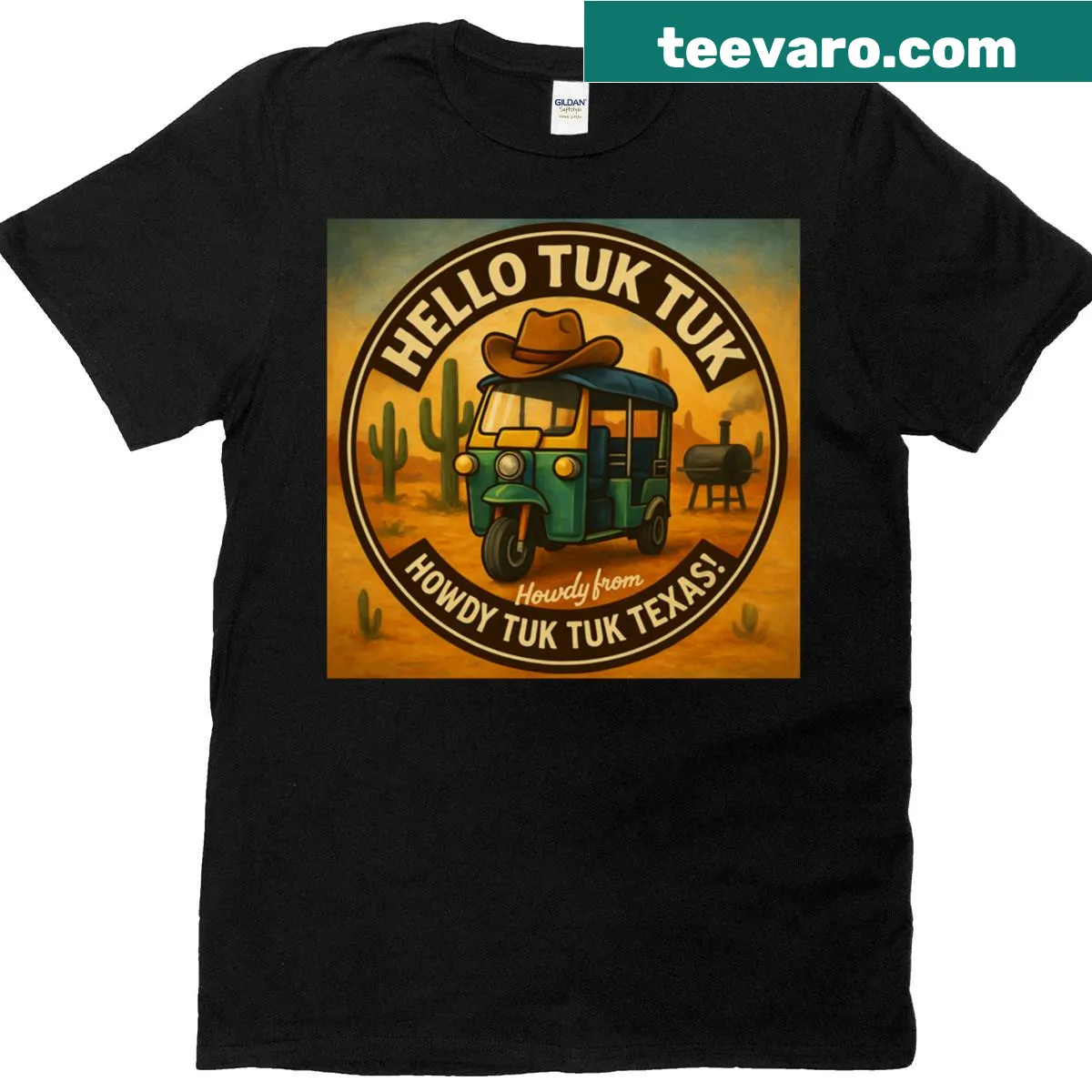 Illustration of a Tuk Tuk with a Texas theme on a T-shirt — on a men's t-shirt