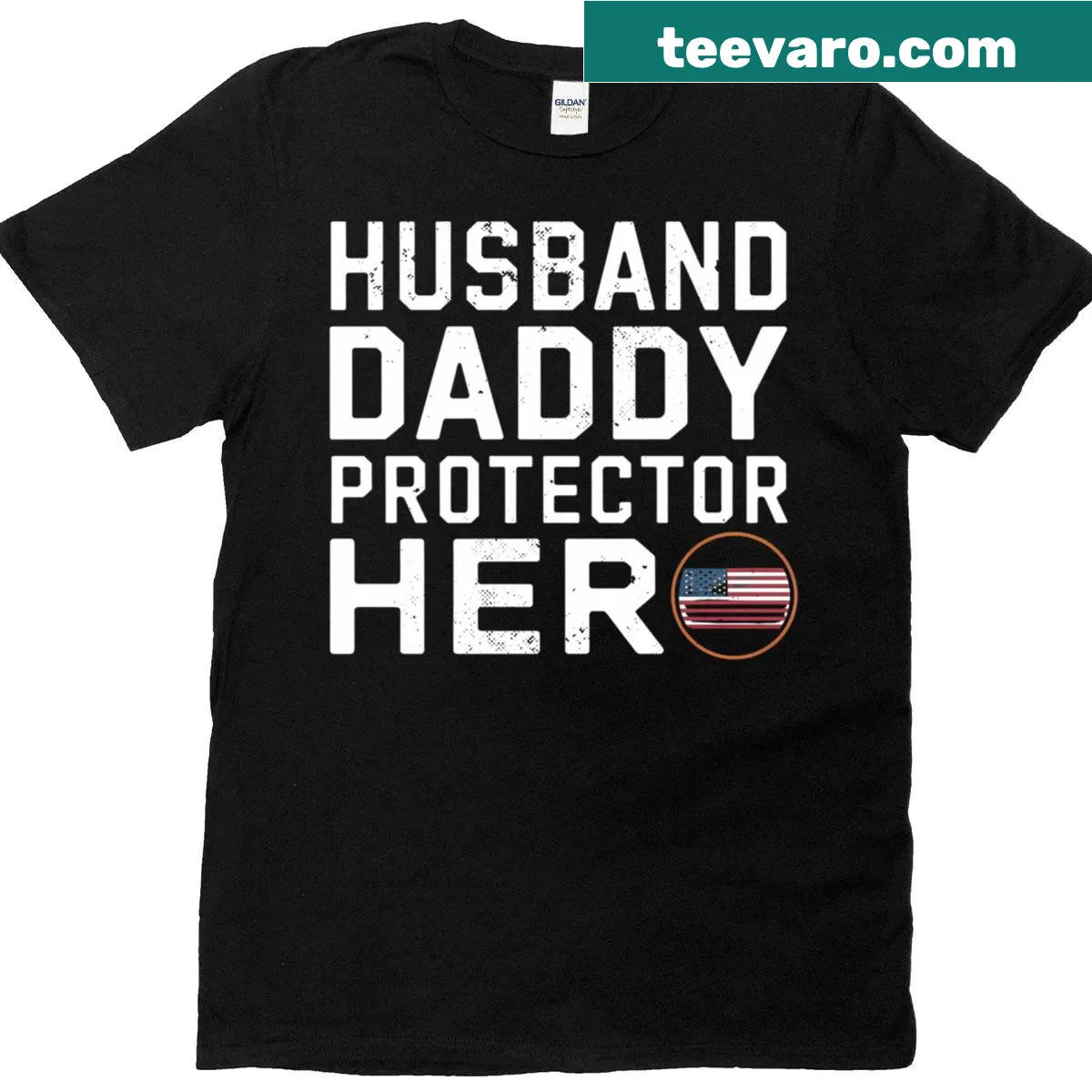 Camouflage T-shirt with USA flag and typography for dads — on a men's t-shirt