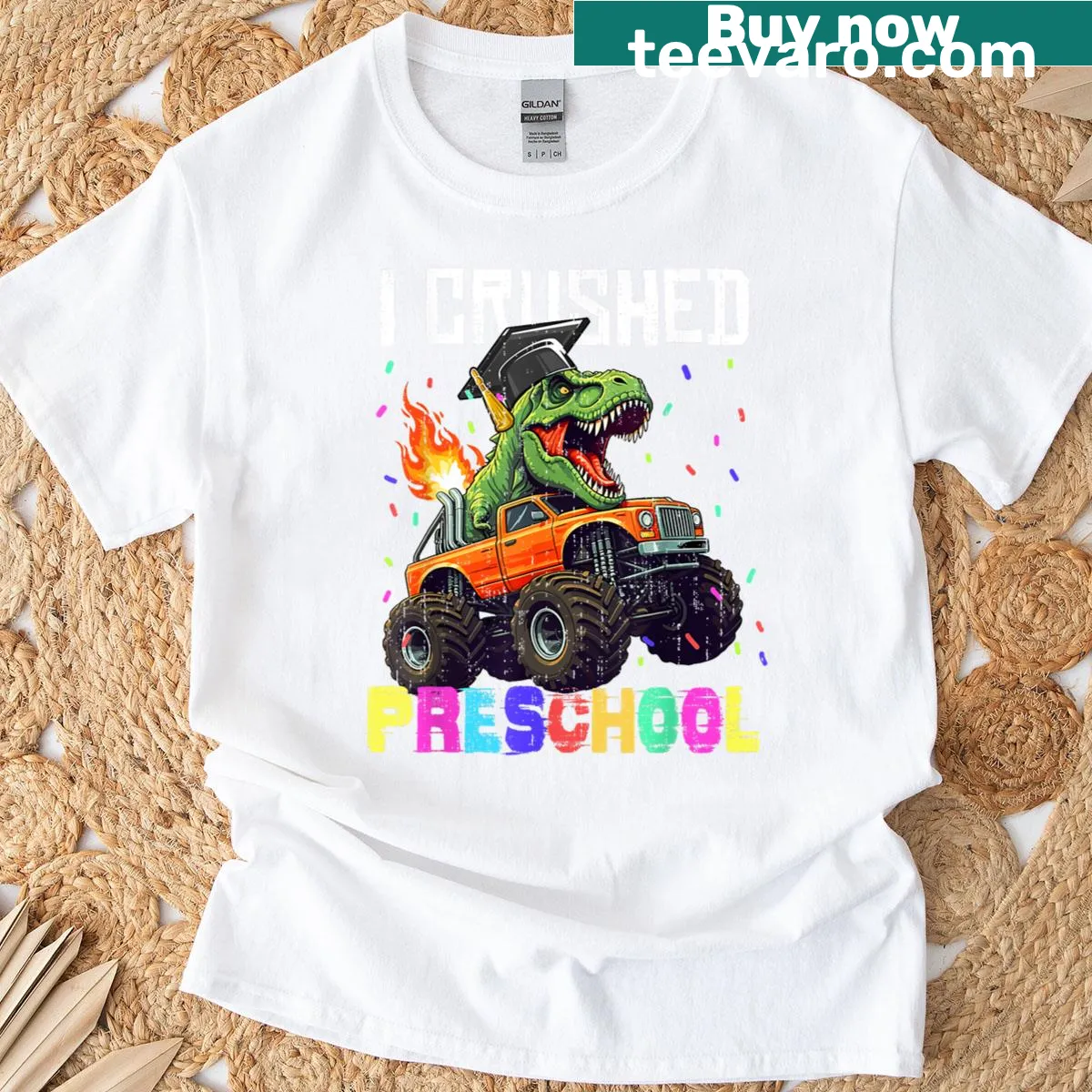 T-Rex and truck graphic with 'I Crushed Preschool' text for kids — on a men's t-shirt