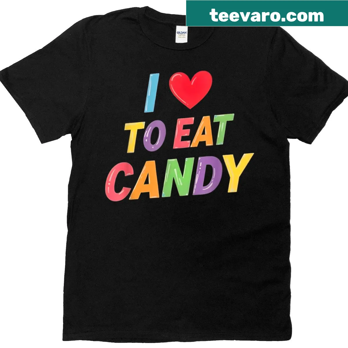 Playful t-shirt with 'I Love To Eat Candy I Am Candy' text — on a men's t-shirt