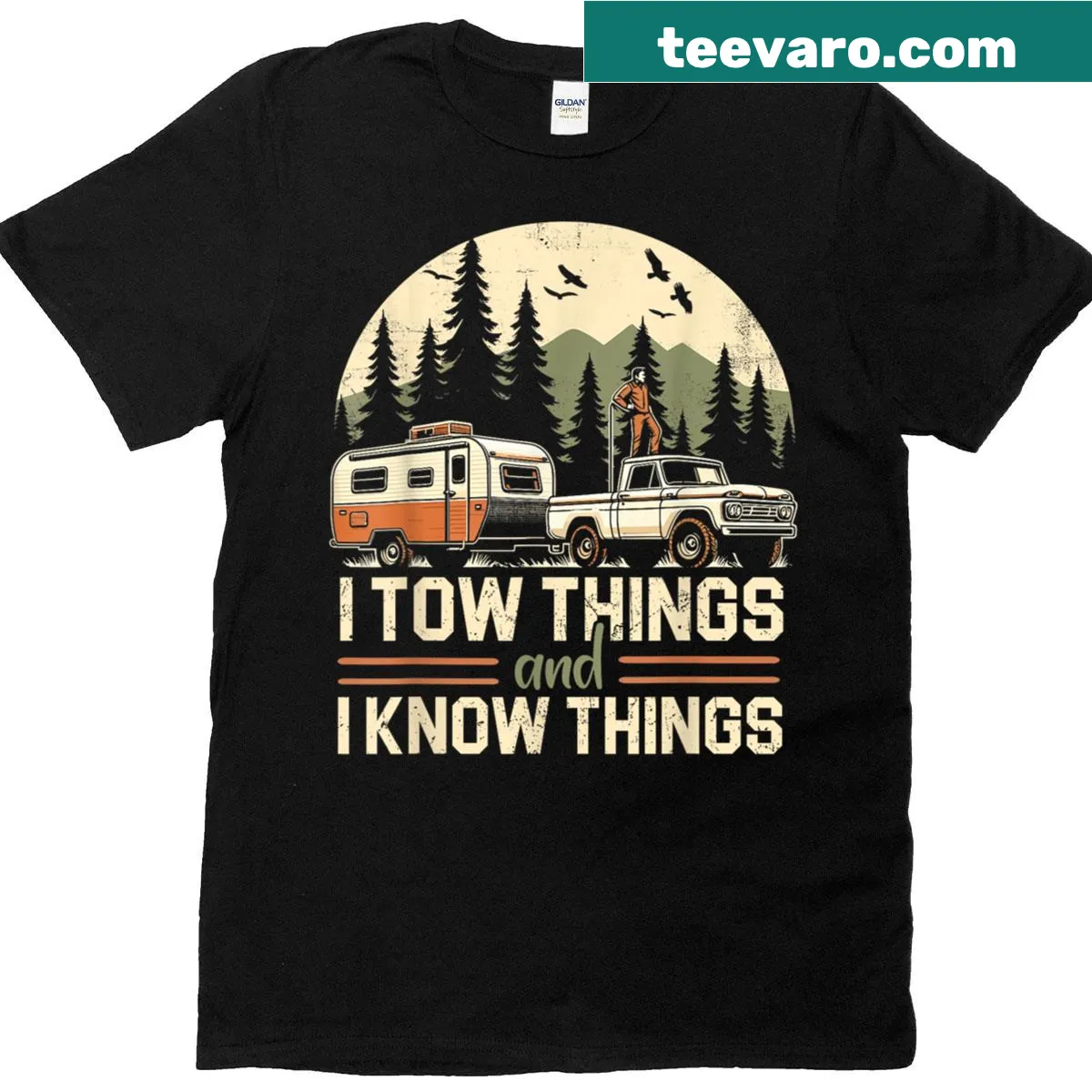 Funny hiking t-shirt for dads with humorous text about towing and knowing things — on a men's t-shirt