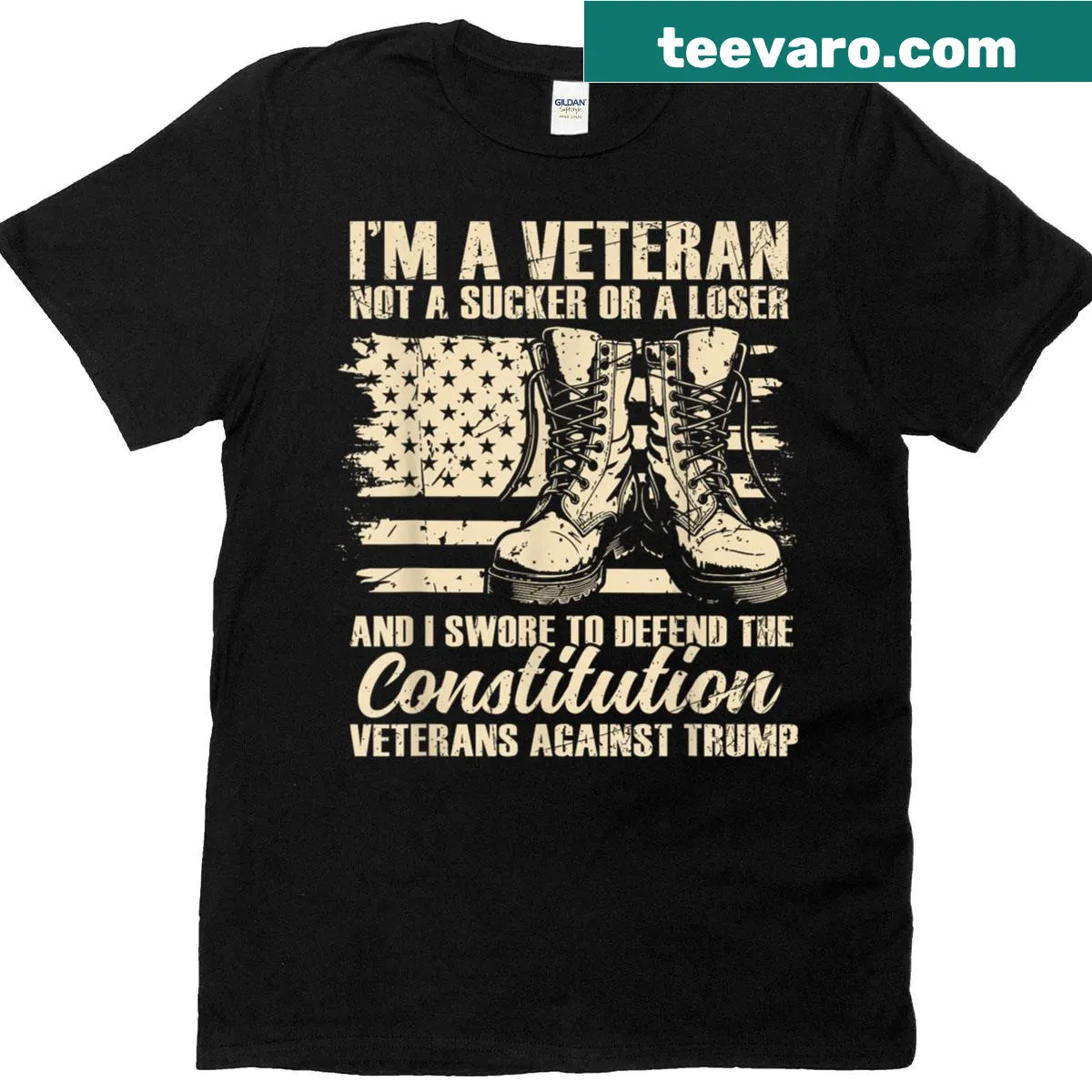 Funny veteran shirt with bold text about pride and humor — on a men's t-shirt