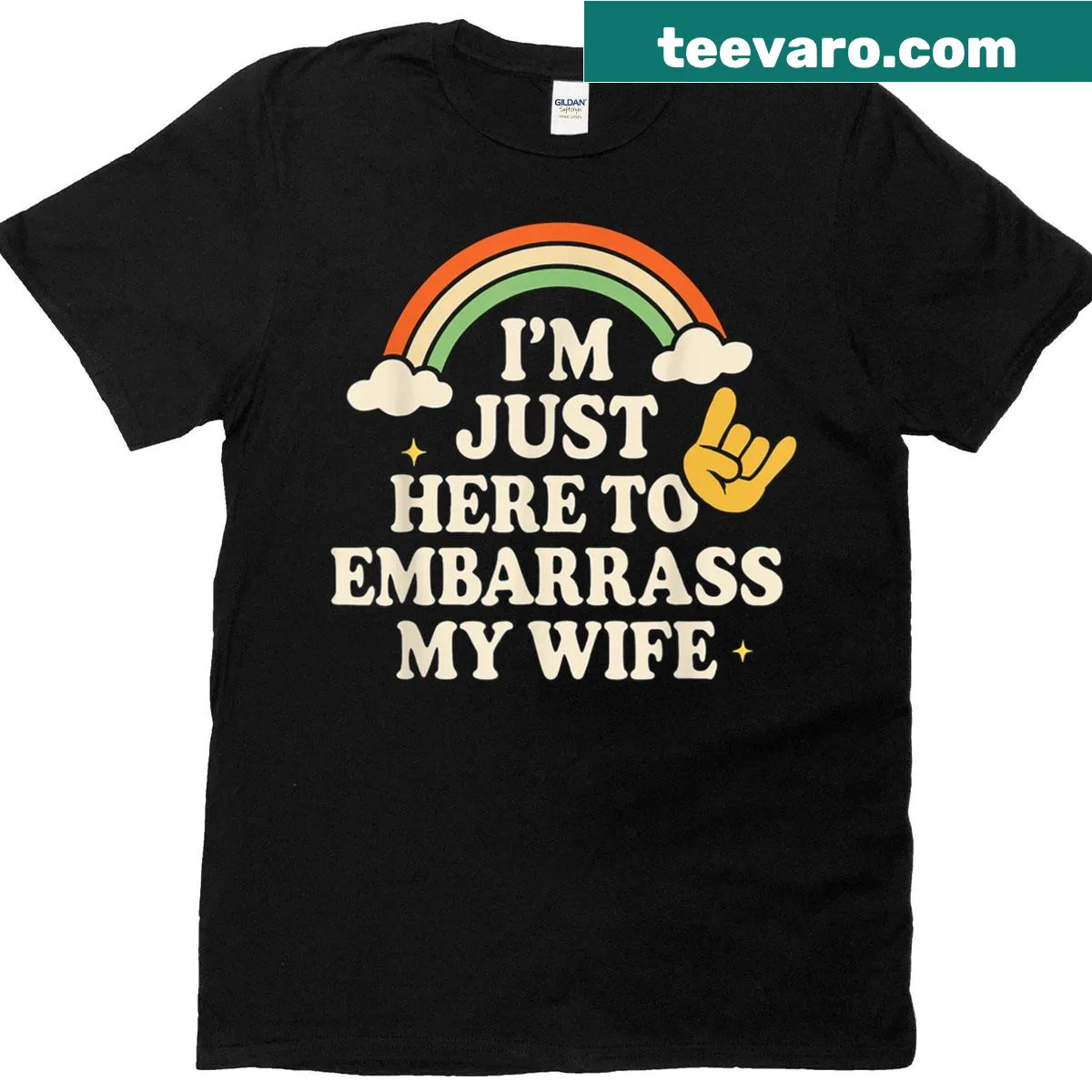 Funny husband shirt with text about embarrassing his wife — on a men's t-shirt