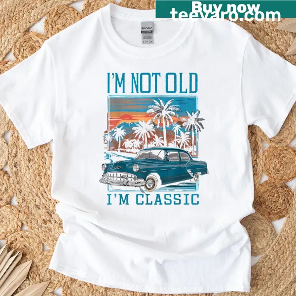 Retro car graphic T-shirt with vintage sunset and text about age