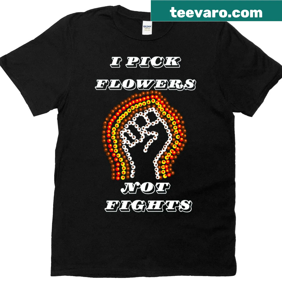 Indigenous dot painting design T-shirt with 'I Pick Flowers Not Fights' text — on a men's t-shirt