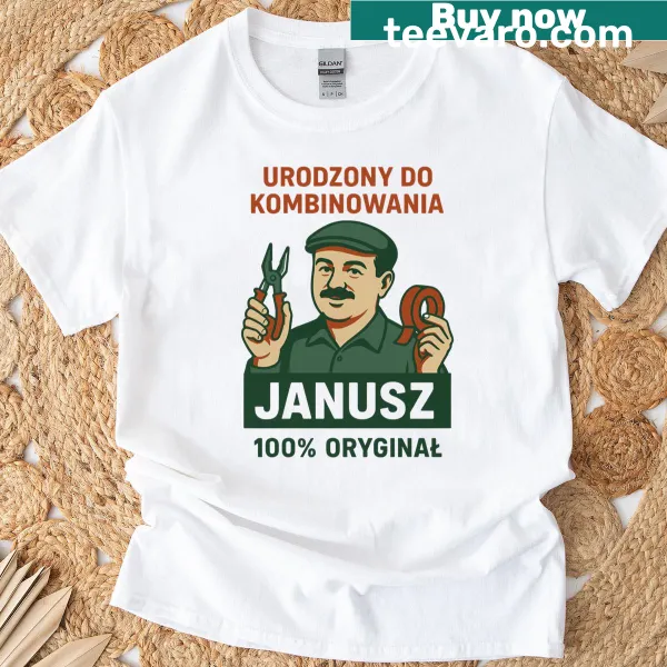 Vintage-style t-shirt featuring Janusz Kombinator, a funny Polish man