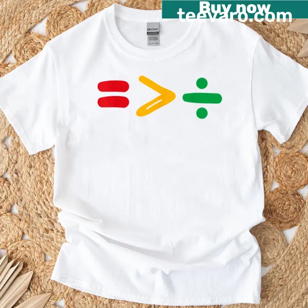 Juneteenth graphic with 'Equality Is Greater Than Division' on t-shirt
