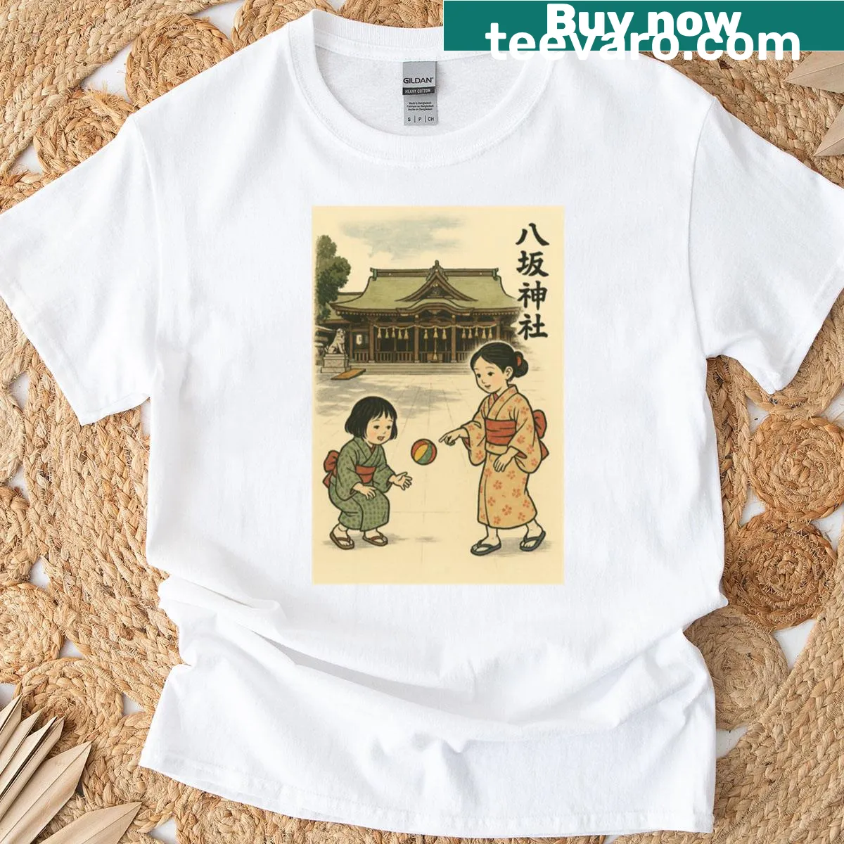 Kids t-shirt depicting children playing at Yasaka Shrine in Kitakyushu — on a men's t-shirt