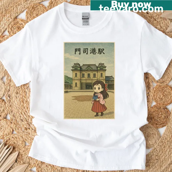 Retro girl illustration at Mojiko Station on a T-shirt