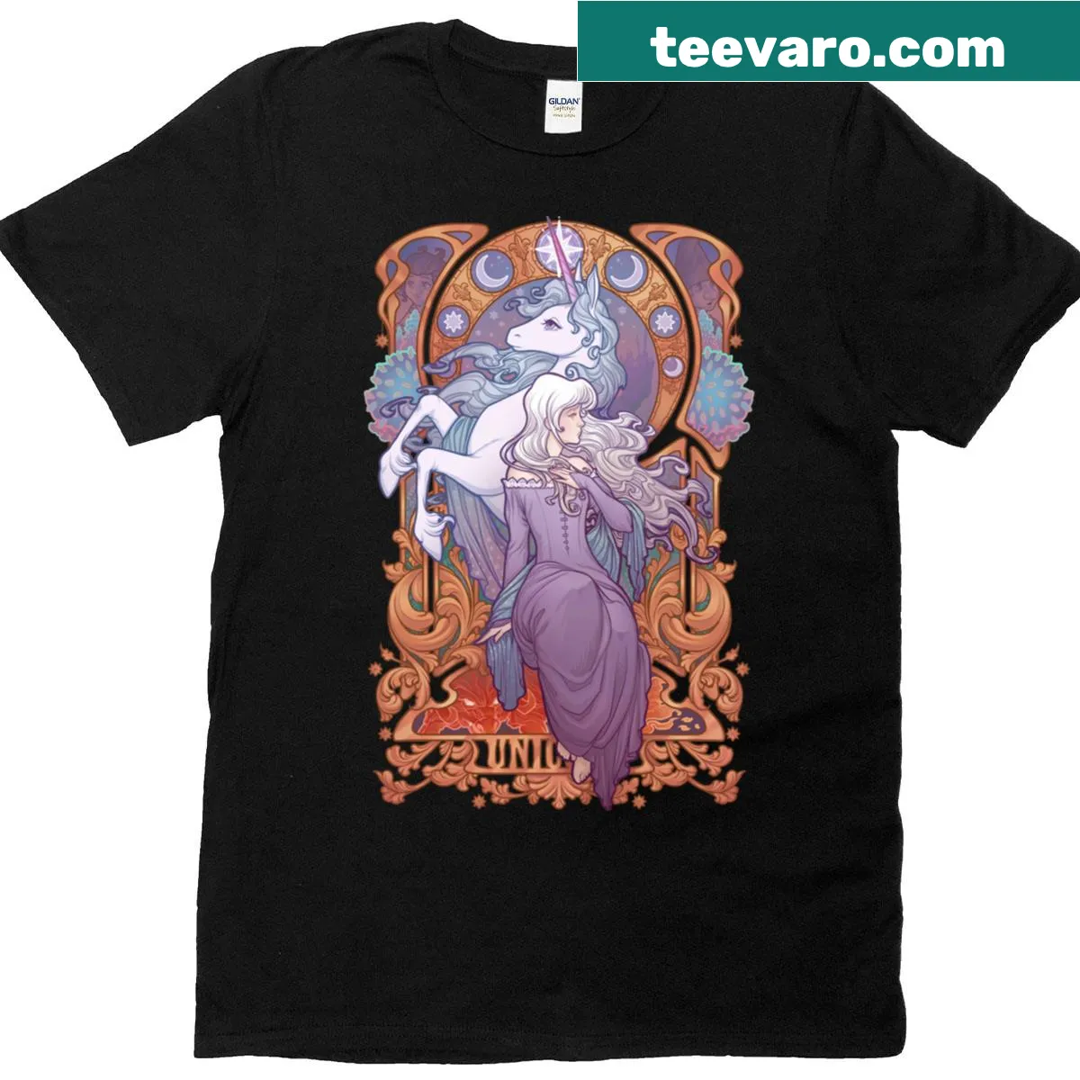 Fitted T-shirt featuring Lady Amalthea from The Last Unicorn — on a men's t-shirt