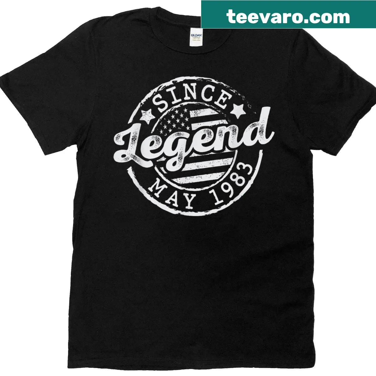 Vintage t-shirt with 'Legend Since May 1983' text — on a men's t-shirt
