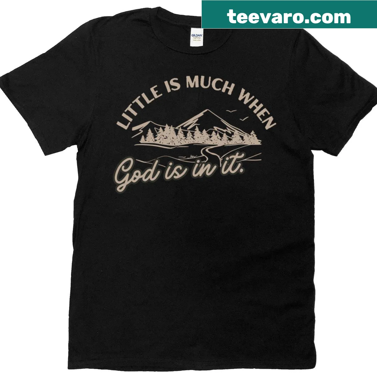 Inspirational faith t-shirt with 'Little Is Much When God Is In It' text — on a men's t-shirt