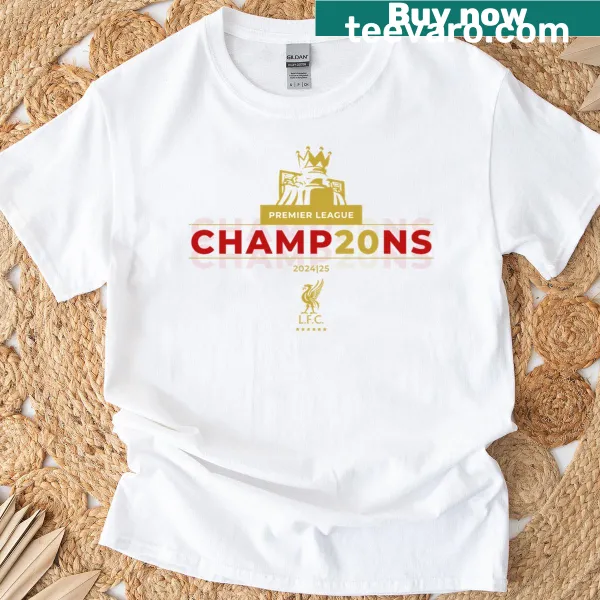 Commemorative Liverpool 2025 Premier League Champions t-shirt with club emblem.
