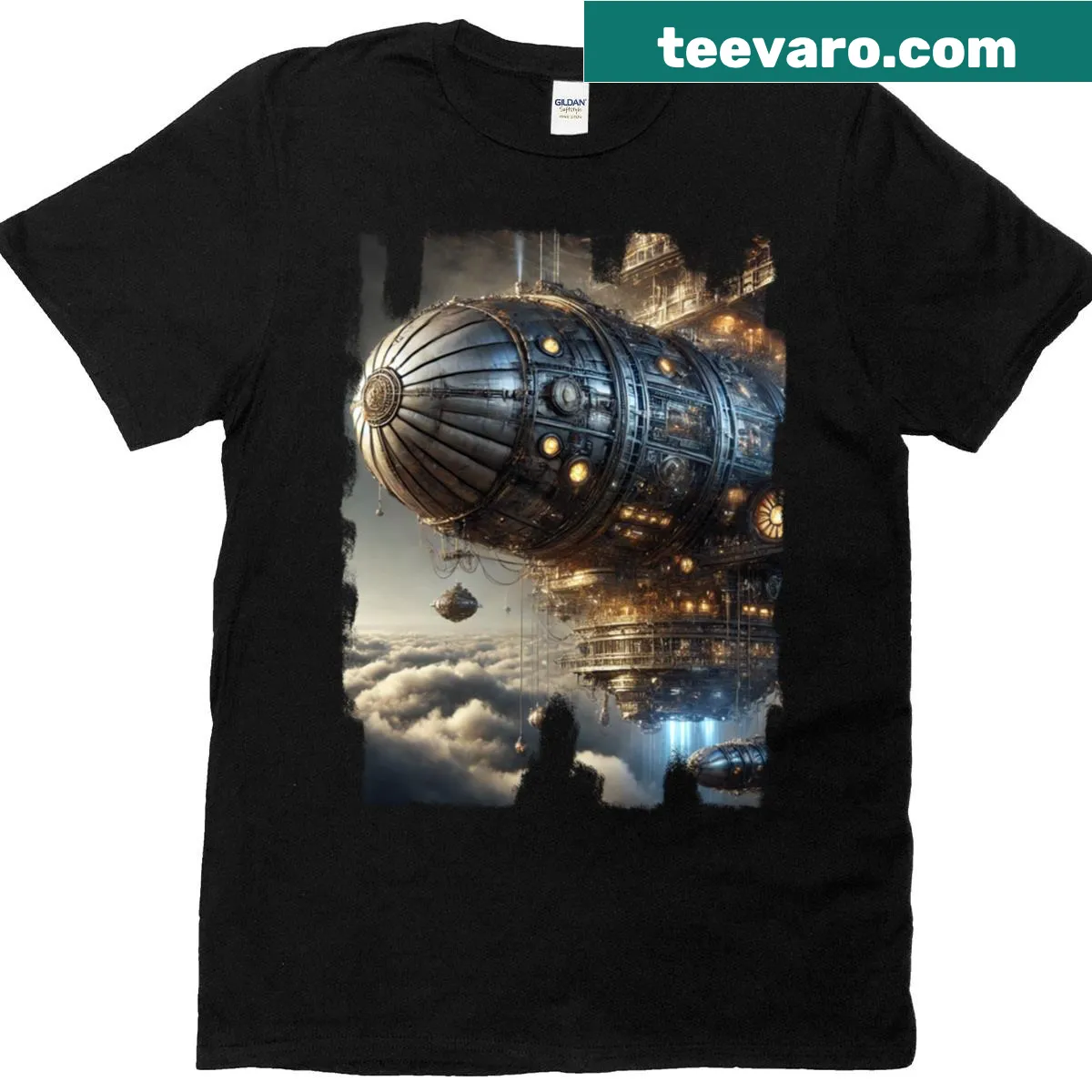 Oversized t-shirt with majestic steampunk airship graphic — on a men's t-shirt
