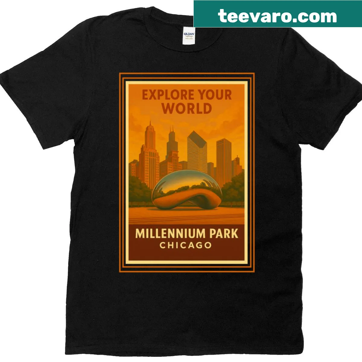 Oversized T-shirt featuring art inspired by Millennium Park. — on a men's t-shirt