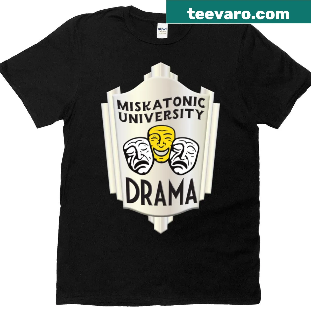 Vintage-style T-shirt with Miskatonic University Drama design. — on a men's t-shirt