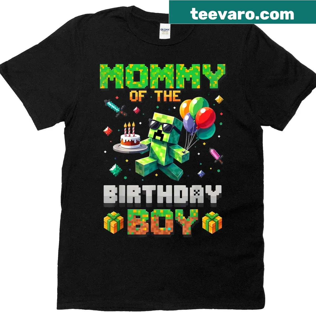 Pixelated birthday gamer mom t-shirt with fun graphics — on a men's t-shirt