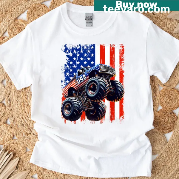 Vintage-style T-shirt with a monster truck and American flag design