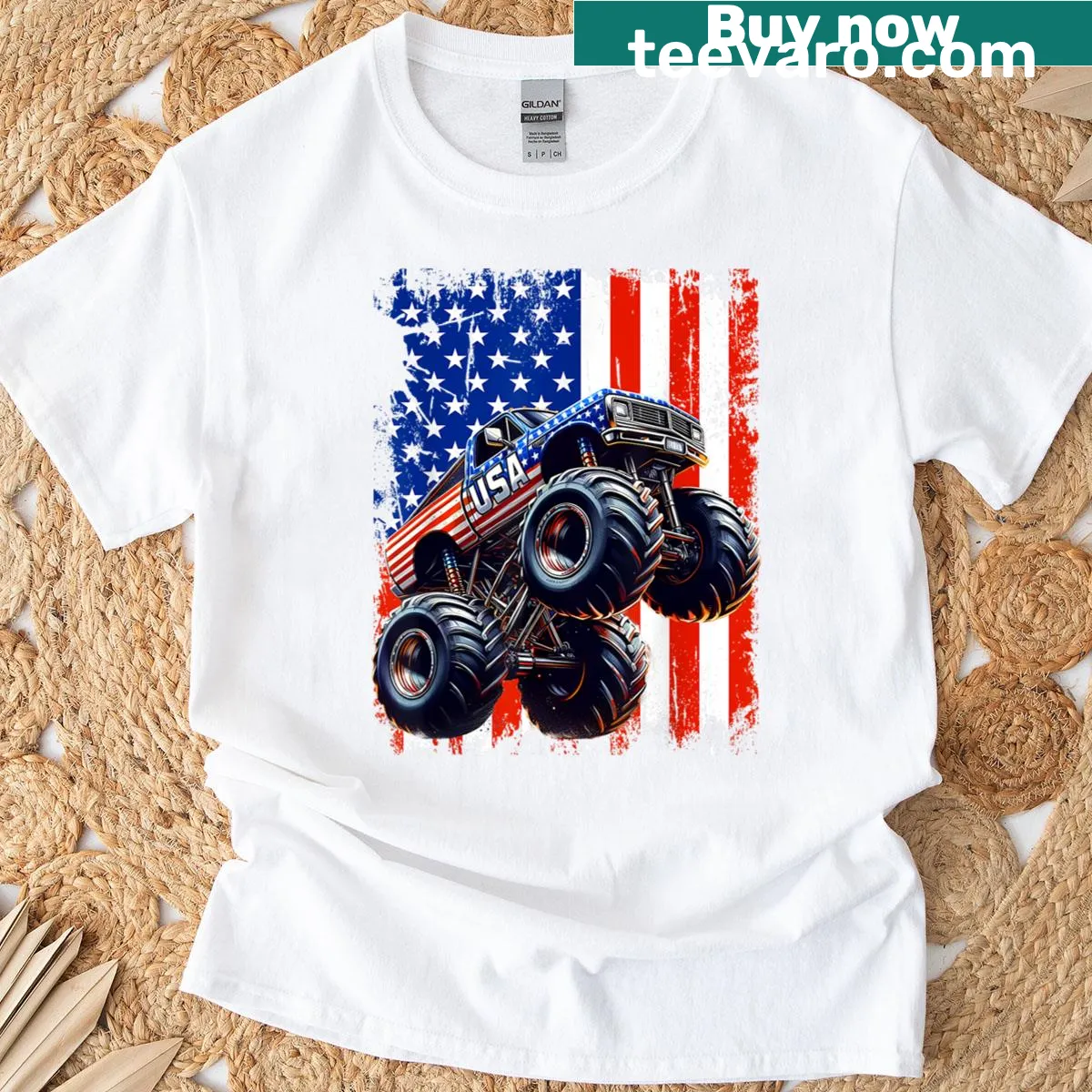Vintage-style T-shirt with a monster truck and American flag design — on a men's t-shirt
