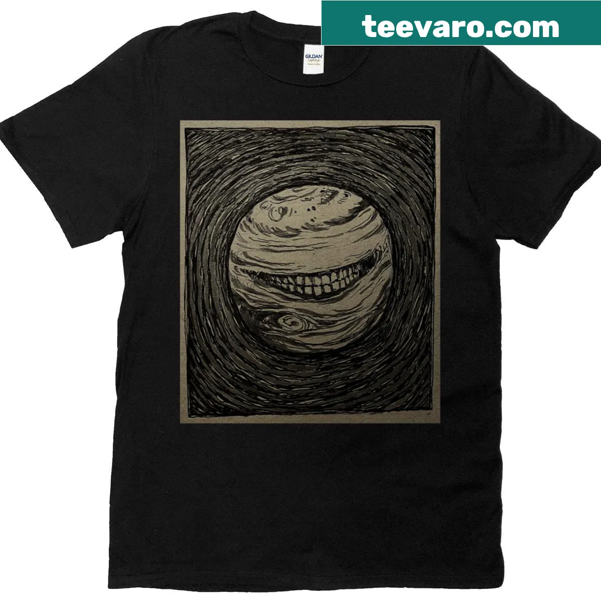 Oversized t-shirt featuring a whimsical graphic of Jupiter's atmosphere — on a men's t-shirt