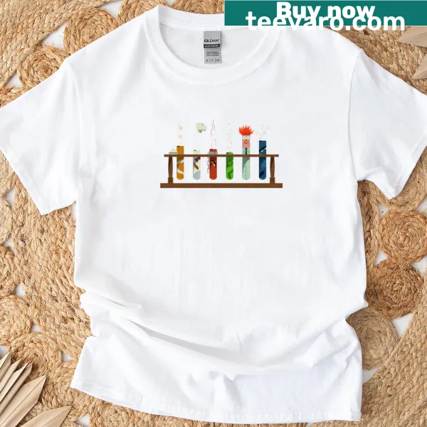 Muppet-inspired cartoon design related to chemistry on a T-shirt