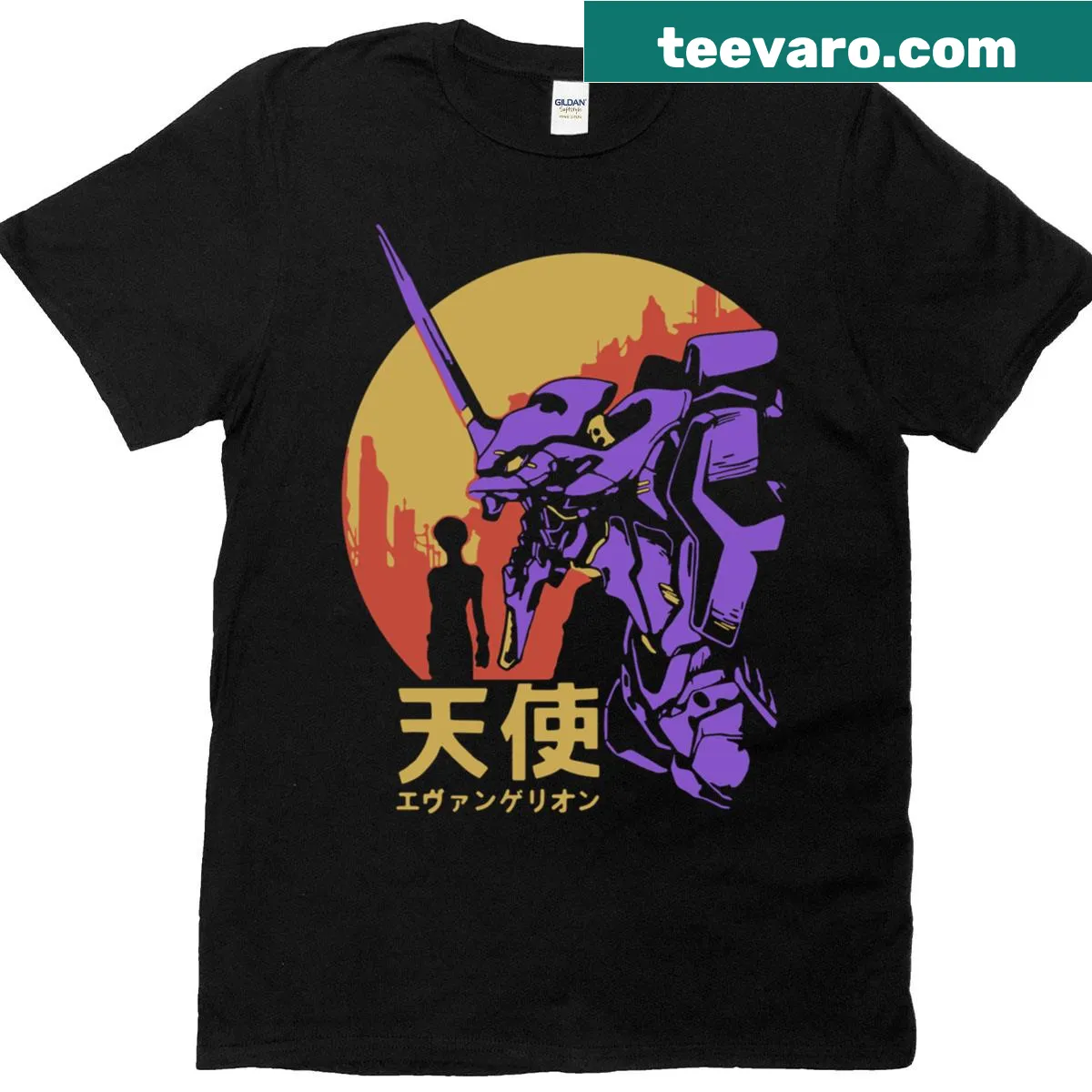 Retro T-shirt featuring Neon Genesis Evangelion design. — on a men's t-shirt