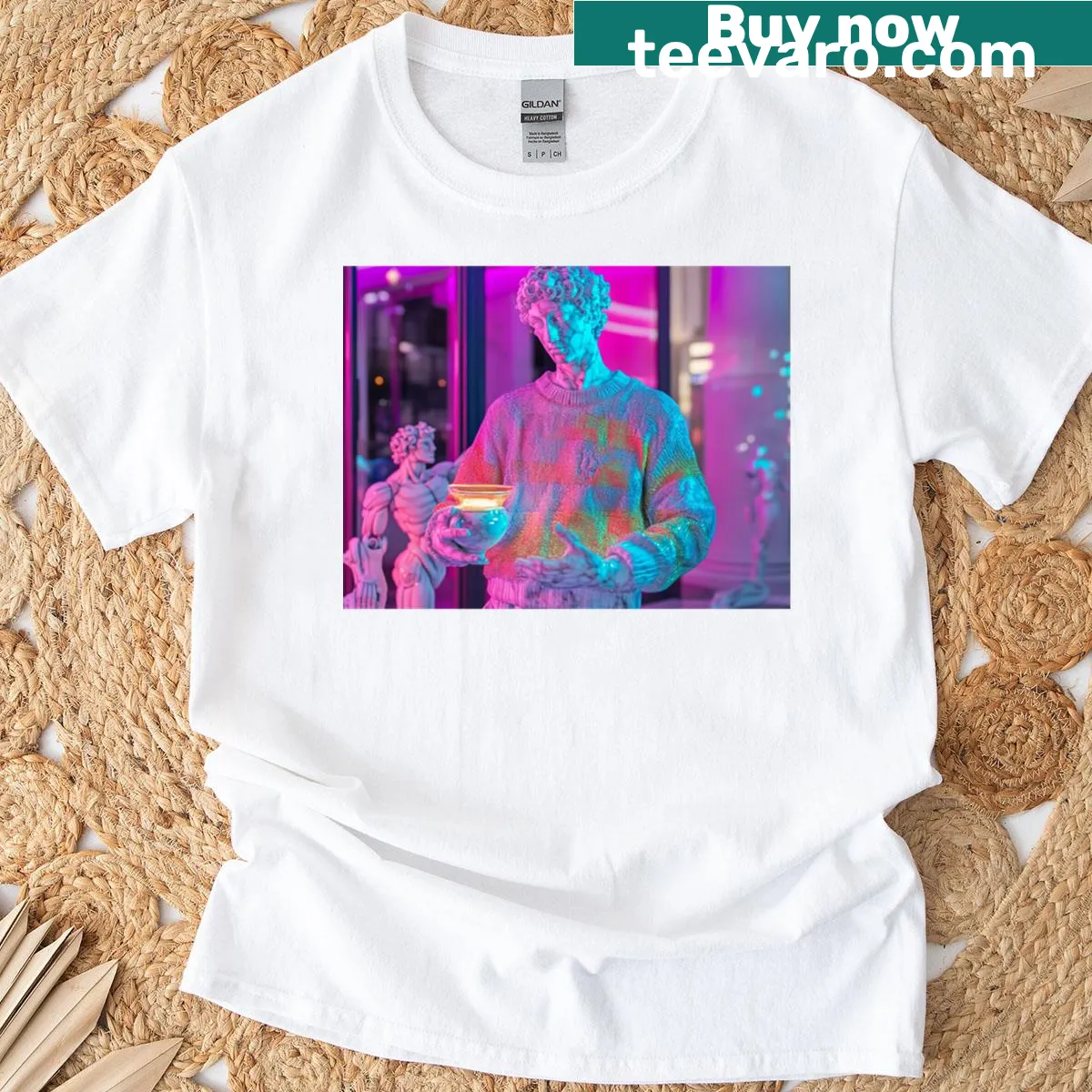 T-shirt featuring a neon vaporwave Roman statue design — on a men's t-shirt