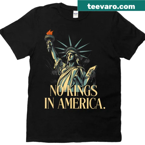 Retro T-shirt with 'No Kings In America' text promoting liberty.