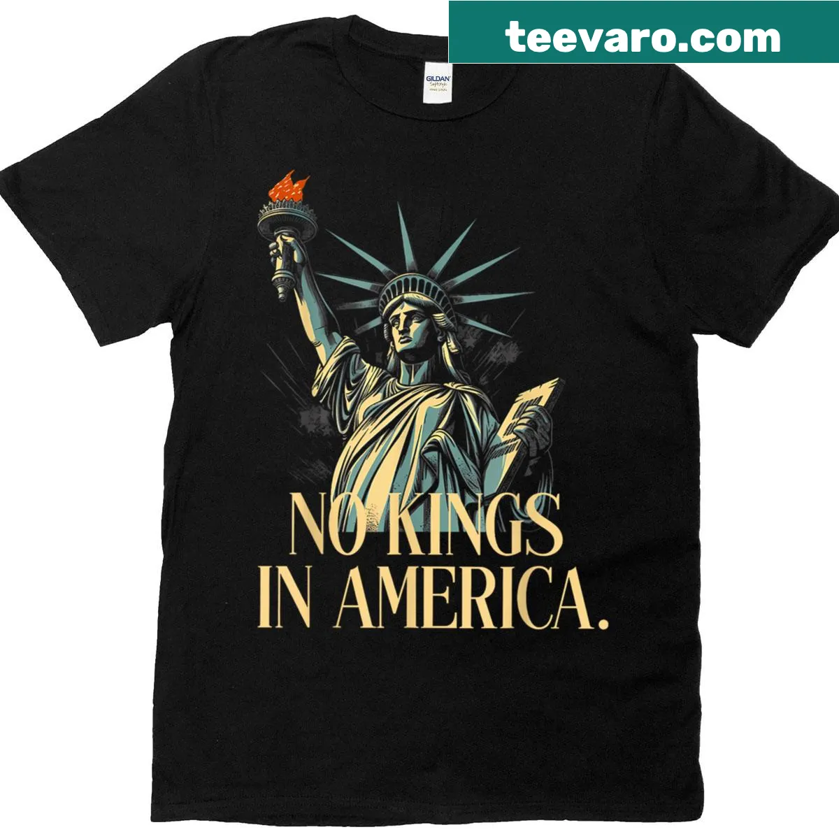 Retro T-shirt with 'No Kings In America' text promoting liberty. — on a men's t-shirt