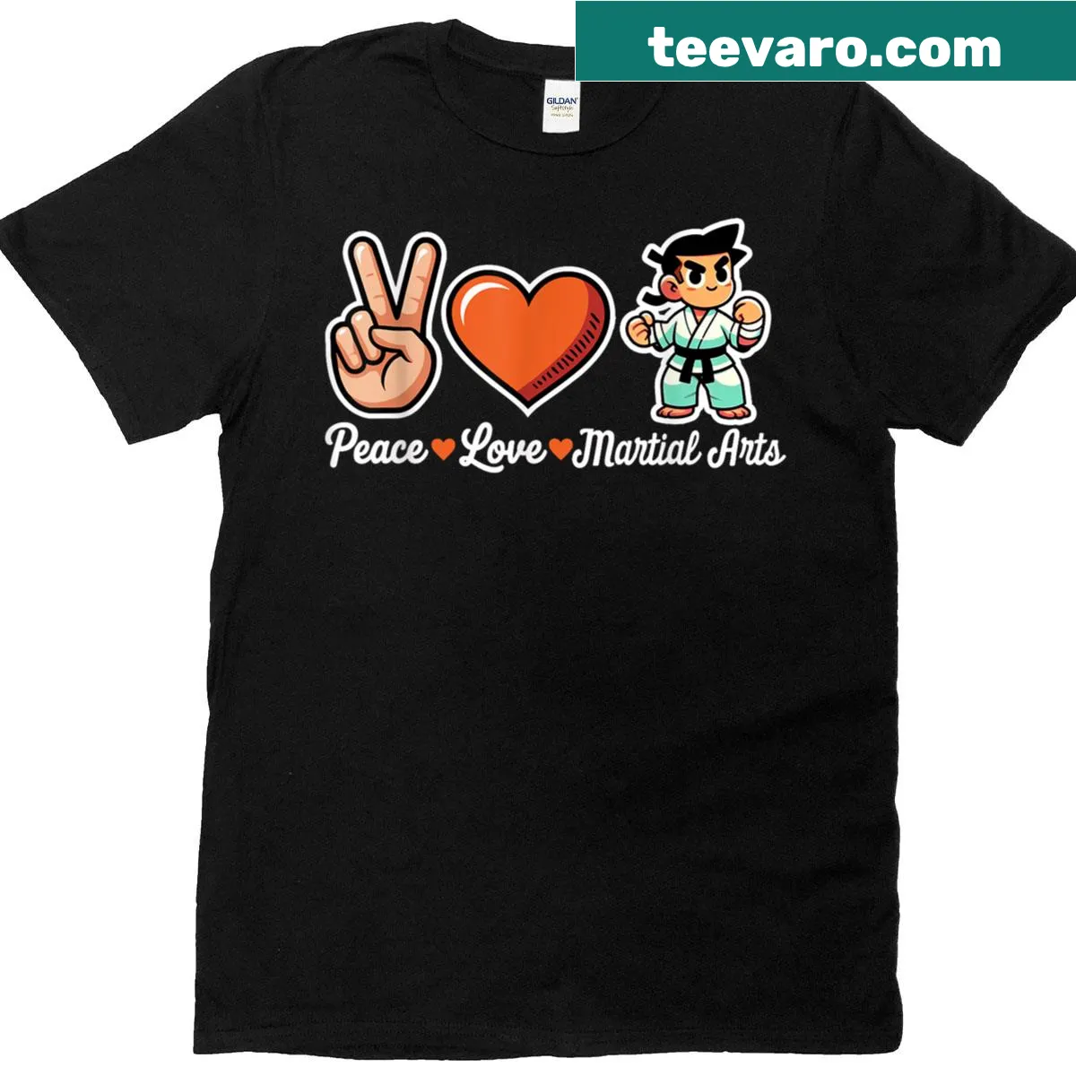 Vintage-style T-shirt with Peace Love Martial Arts graphic — on a men's t-shirt