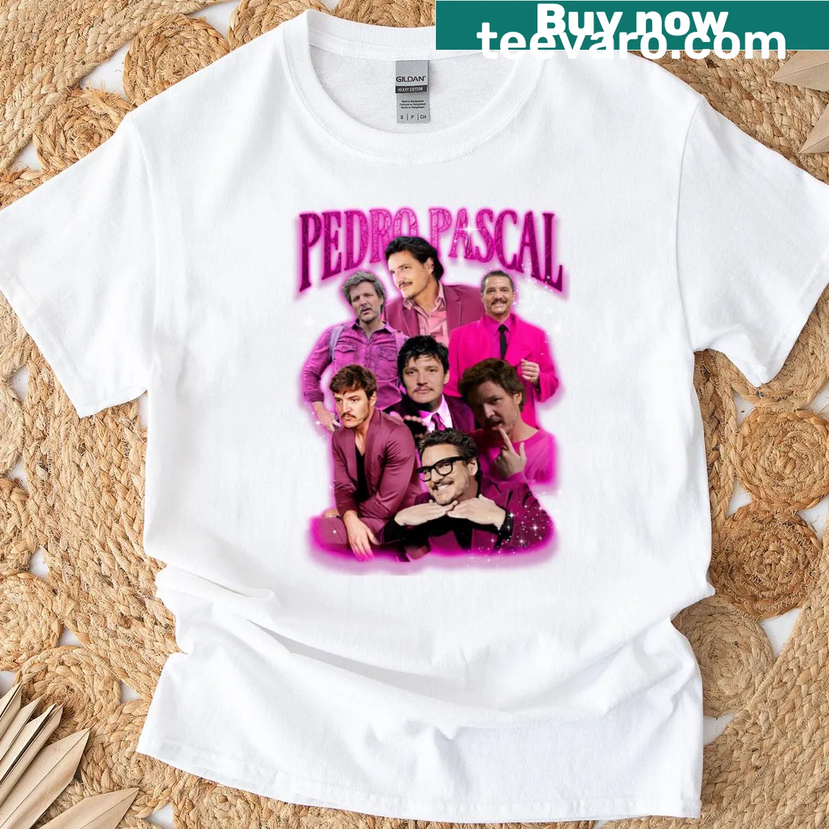 Illustrated Pedro Pascal graphic on pink t-shirt — on a men's t-shirt