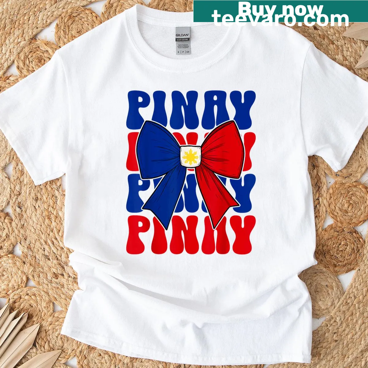 Retro Pinay girl graphic T-shirt with Philippines flag and bow — on a men's t-shirt