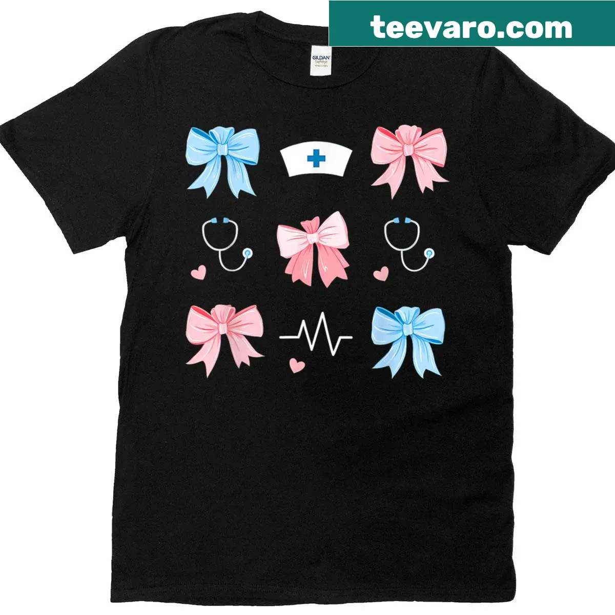 Cute pink nurse t-shirt with stethoscope and bow design — on a men's t-shirt