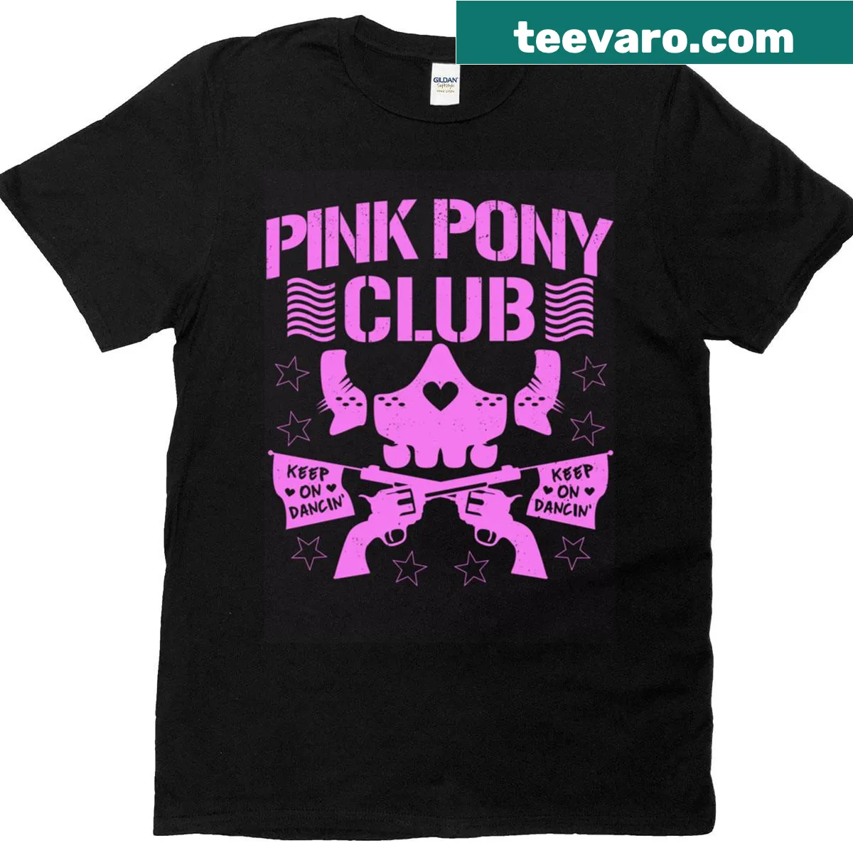 Charming T-shirt featuring playful cartoon ponies from the Pink Pony Club — on a men's t-shirt