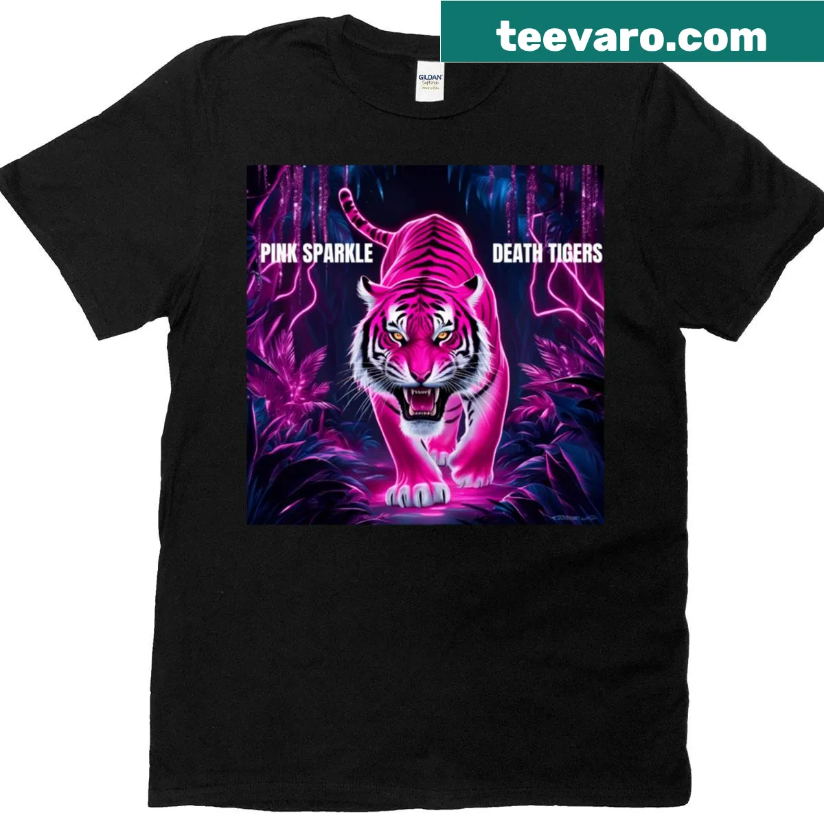 Illustrated fierce tiger with pink sparkle design — on a men's t-shirt