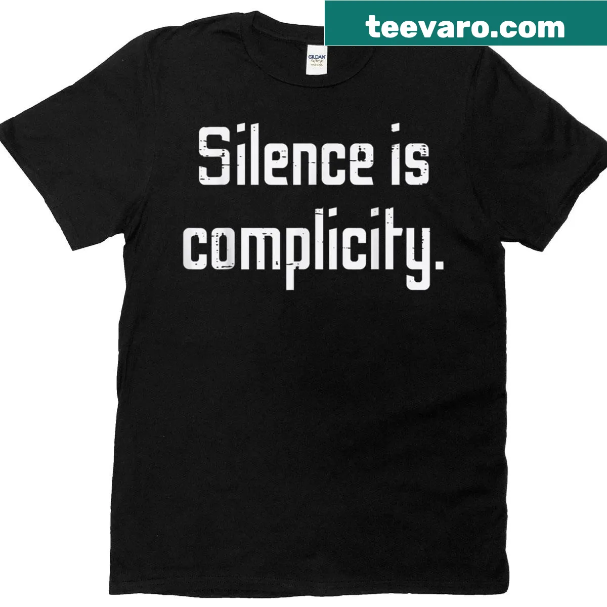 T-shirt with bold text 'Silence Is Complicity' for activism — on a men's t-shirt