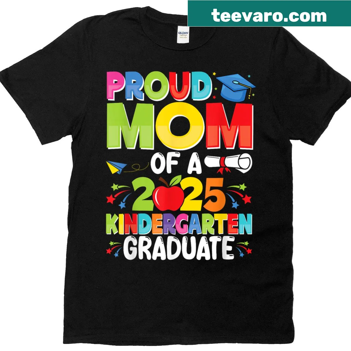 Proud Mom Class of 2025 Kindergarten Graduate T-shirt with bold text — on a men's t-shirt