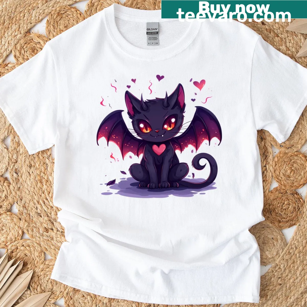 Minimalist silhouette T-shirt with the phrase 'Purr From The Underworld.' — on a men's t-shirt