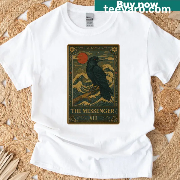 Vintage tarot card graphic T-shirt featuring a raven and red moon
