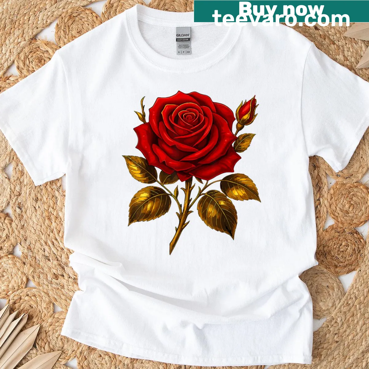 Illustration of a red rose with golden leaves on a t-shirt — on a men's t-shirt