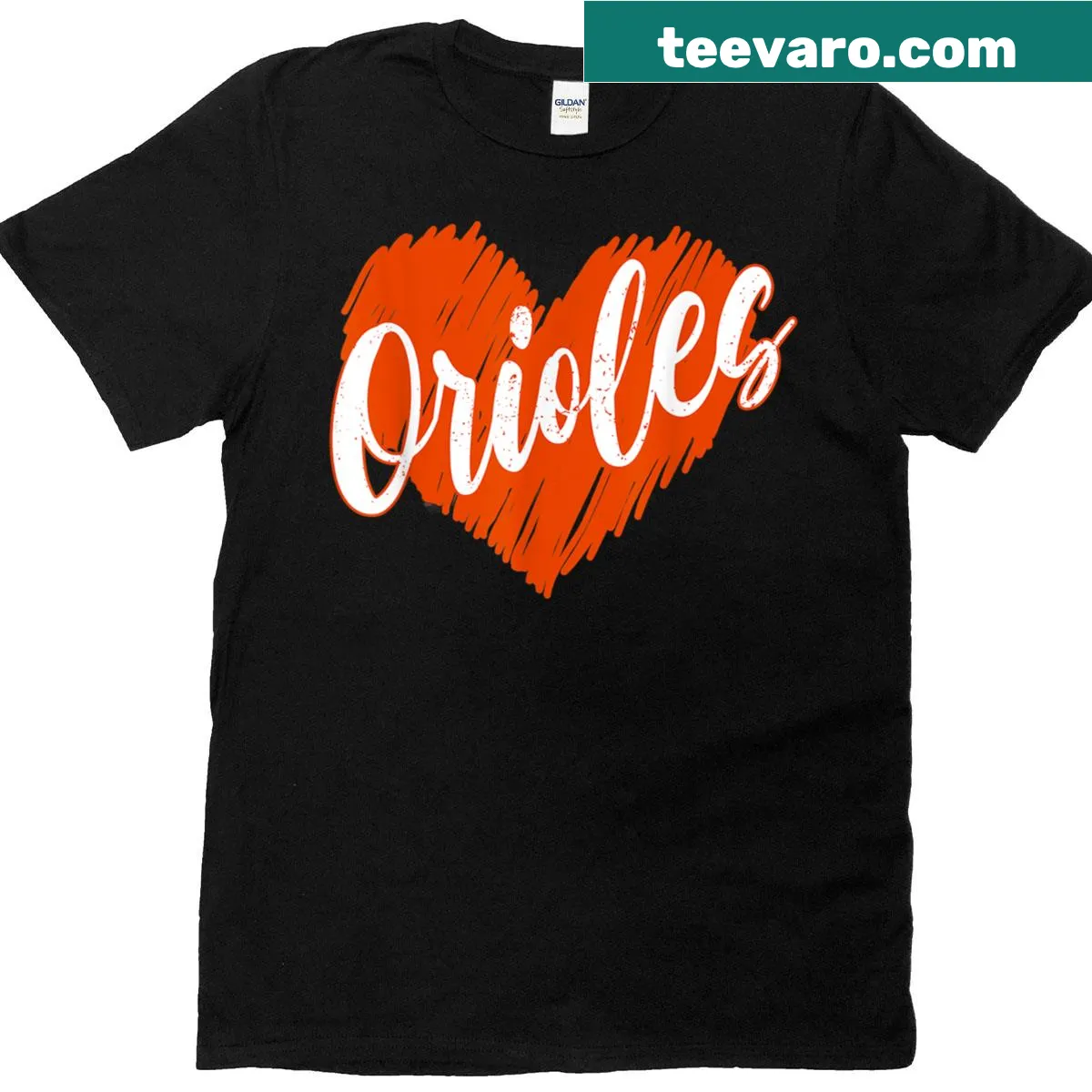 Vintage-style Orioles shirt with heart and team name design — on a men's t-shirt
